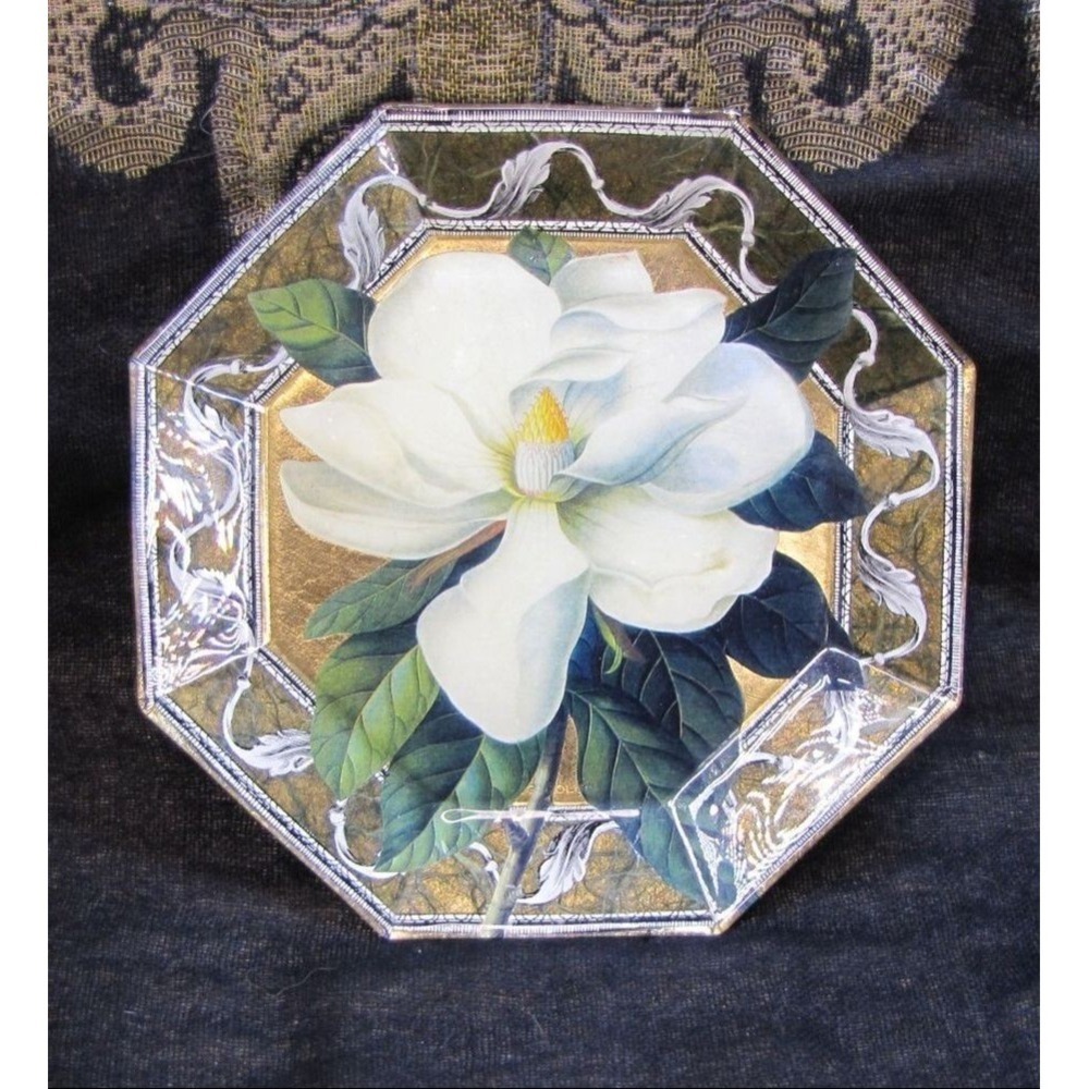 SCOTT‎ POTTER Decorative Plate Adult 6.5" Gold Excellent Magnolia Floral Signed